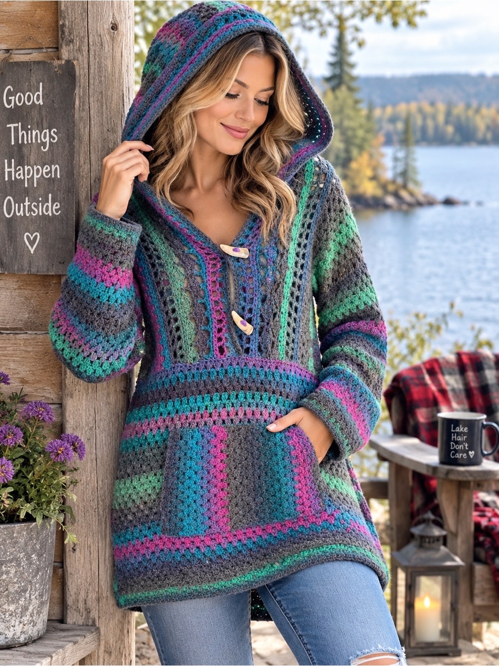 Hand Crochet Boho Hooded Sweater with Kangaroo Pocket • Artisan Festival Pullove